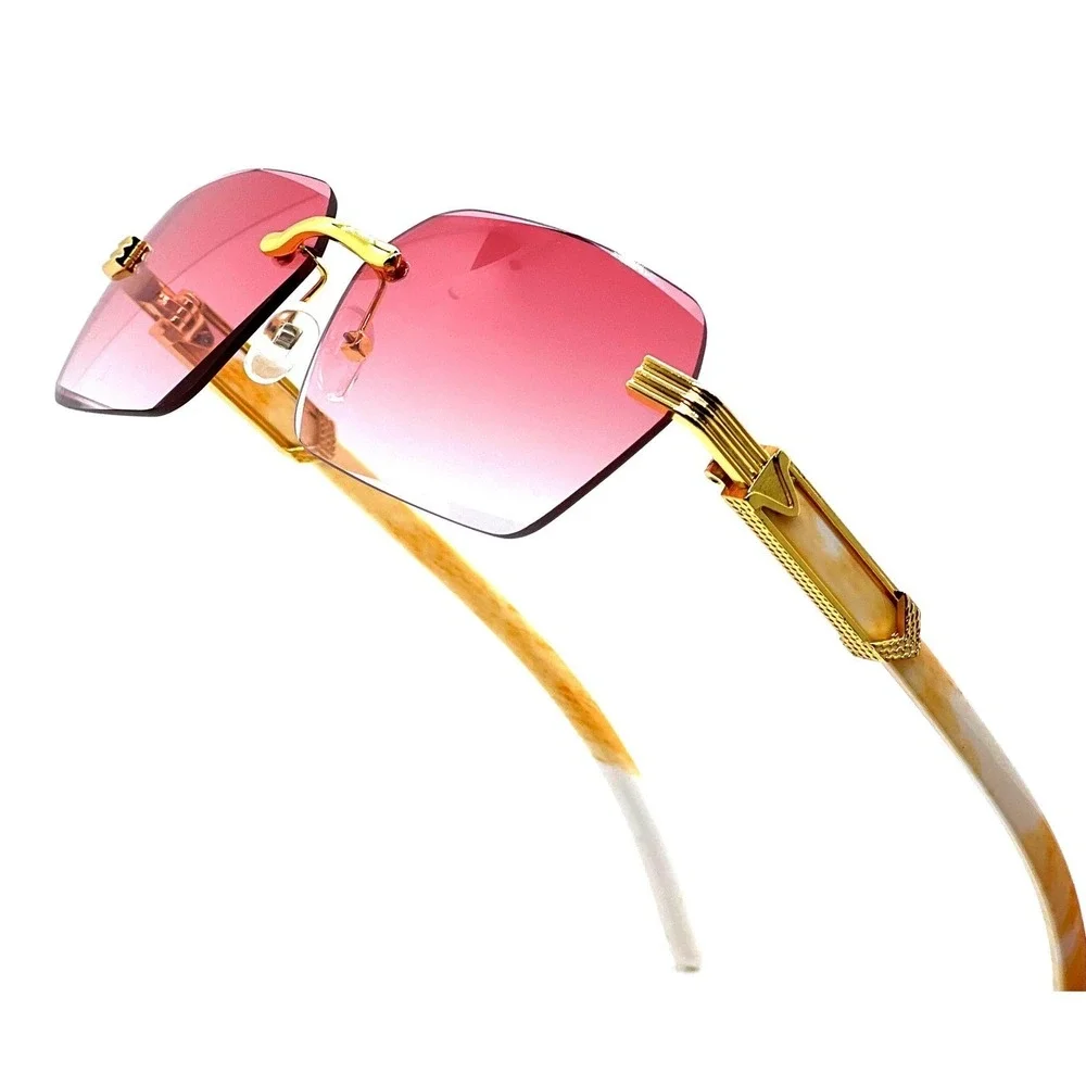 Men Sunglasses Rectangular Diamond Cut Sophisticated Pink Lens Marble Arms UV400